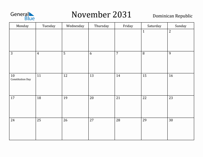November 2031 Calendar Dominican Republic