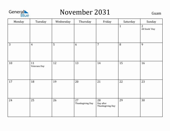 November 2031 Calendar Guam