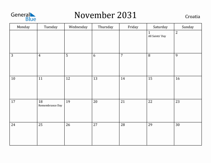 November 2031 Calendar Croatia