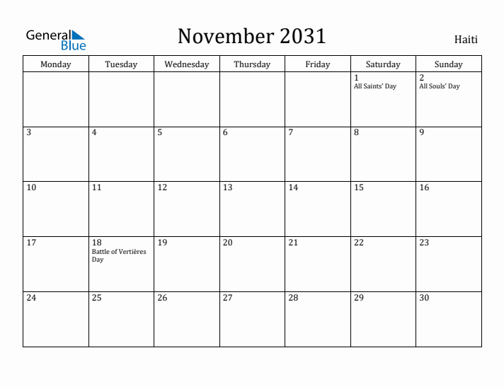 November 2031 Calendar Haiti