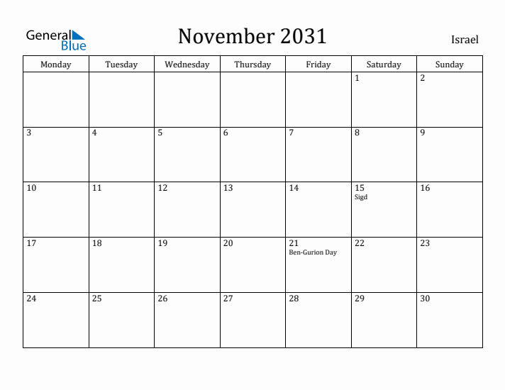 November 2031 Calendar Israel