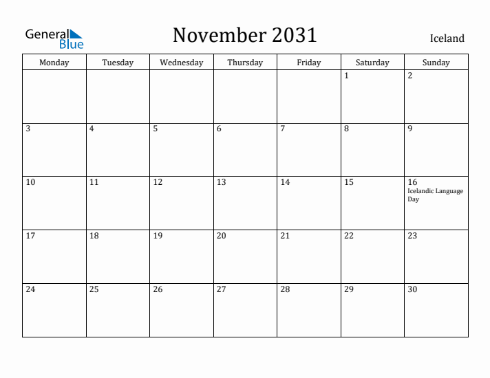 November 2031 Calendar Iceland