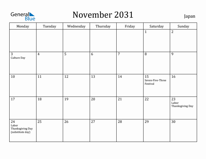 November 2031 Calendar Japan