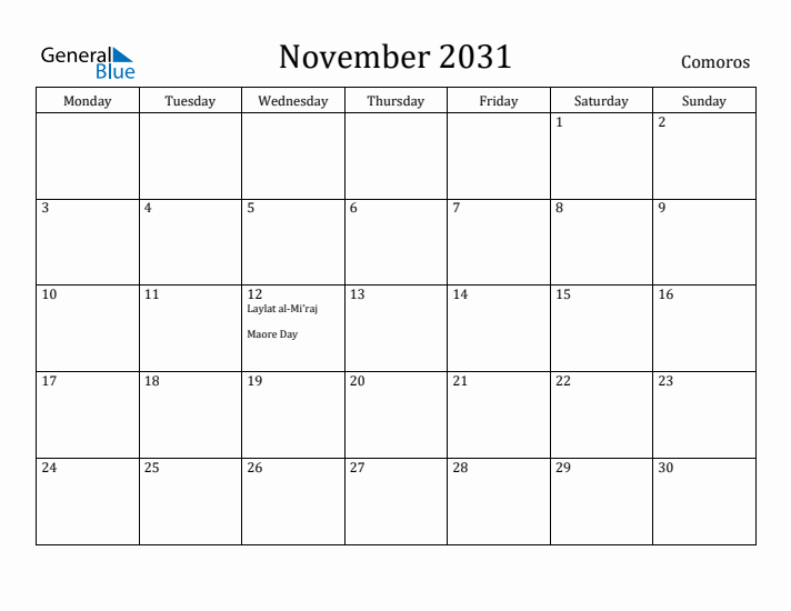 November 2031 Calendar Comoros