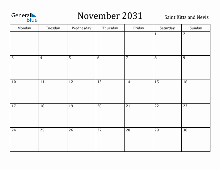 November 2031 Calendar Saint Kitts and Nevis