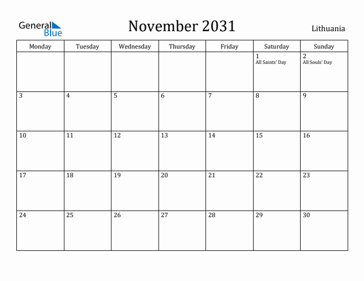 November 2031 Calendar Lithuania