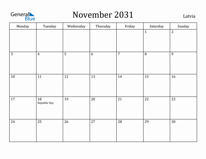 November 2031 Calendar Latvia