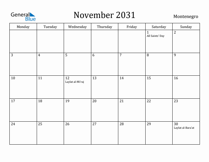 November 2031 Calendar Montenegro