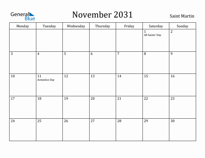 November 2031 Calendar Saint Martin