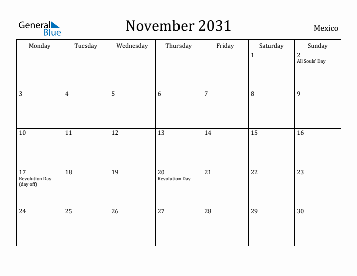 November 2031 Calendar Mexico