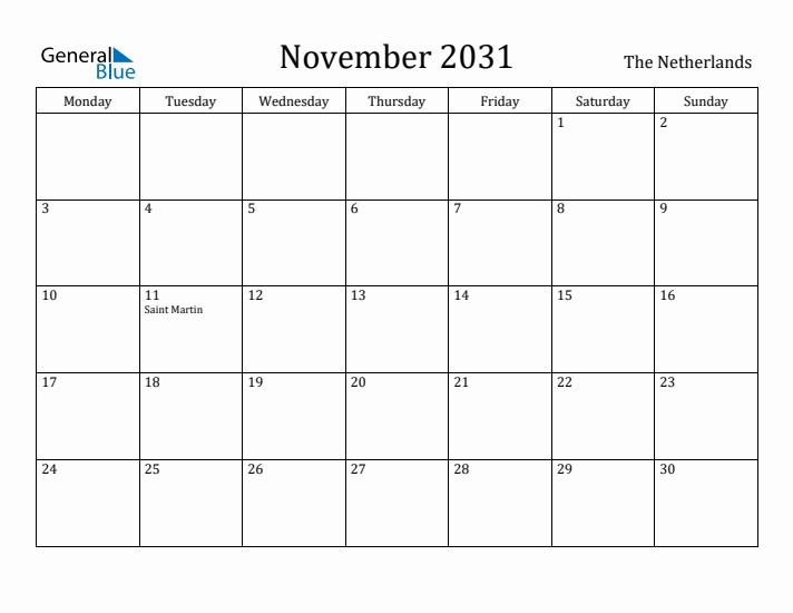 November 2031 Calendar The Netherlands