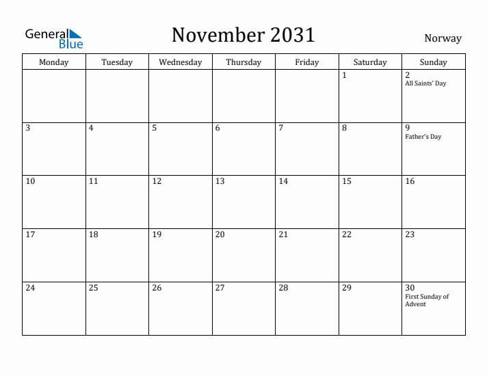November 2031 Calendar Norway