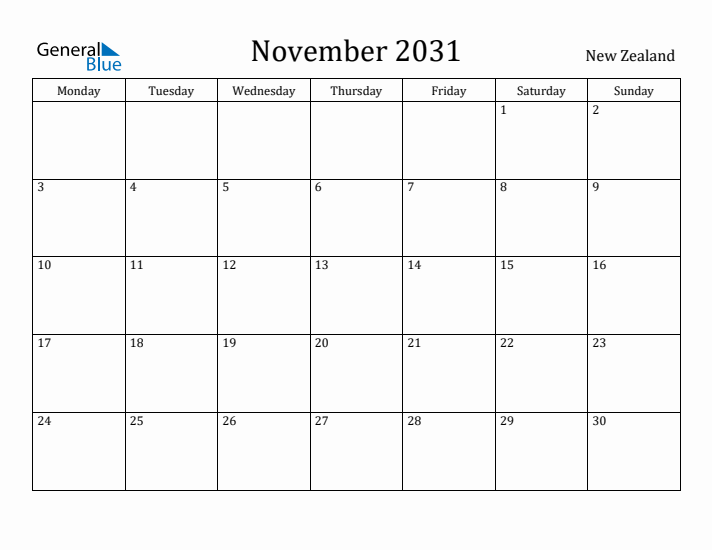 November 2031 Calendar New Zealand