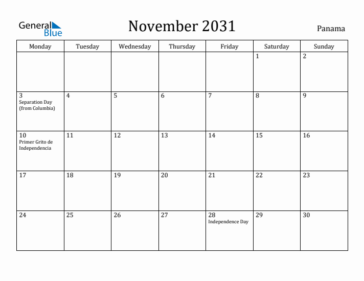 November 2031 Calendar Panama