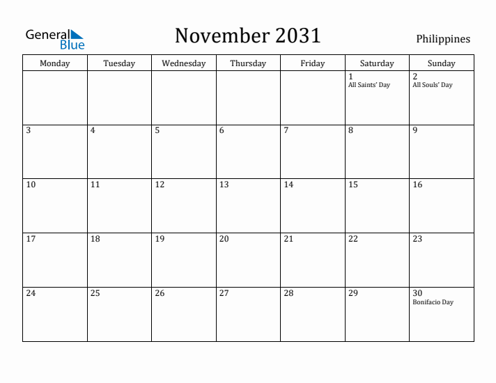 November 2031 Calendar Philippines