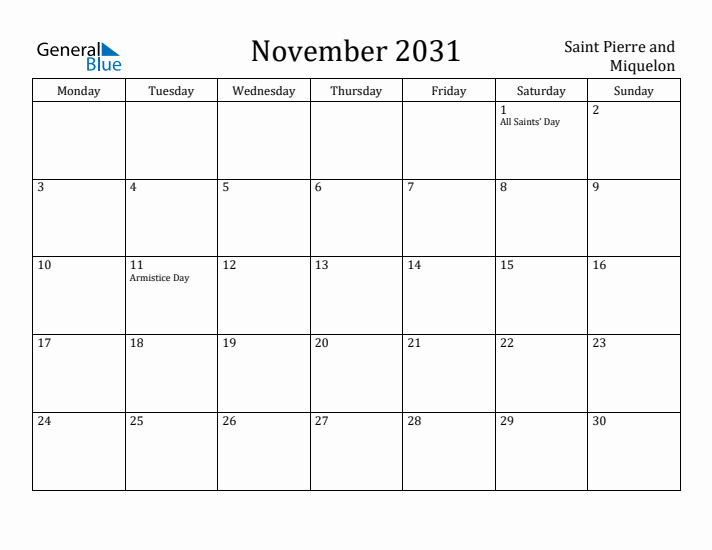 November 2031 Calendar Saint Pierre and Miquelon