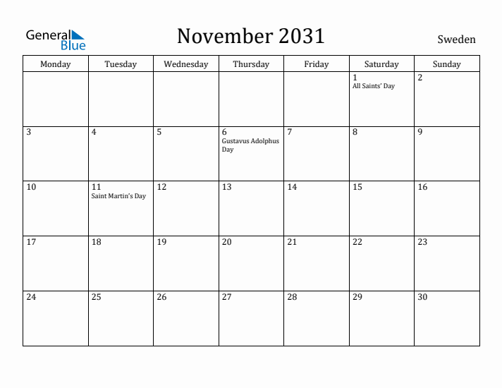 November 2031 Calendar Sweden