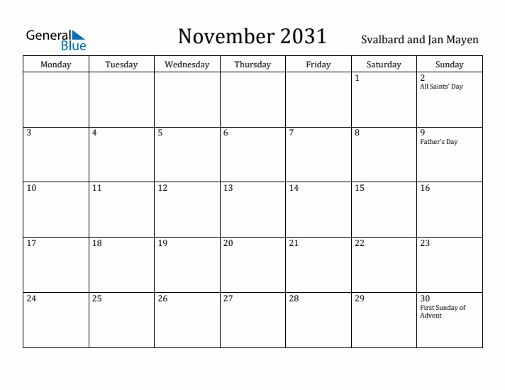 November 2031 Calendar Svalbard and Jan Mayen