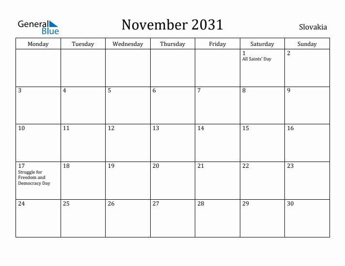 November 2031 Calendar Slovakia