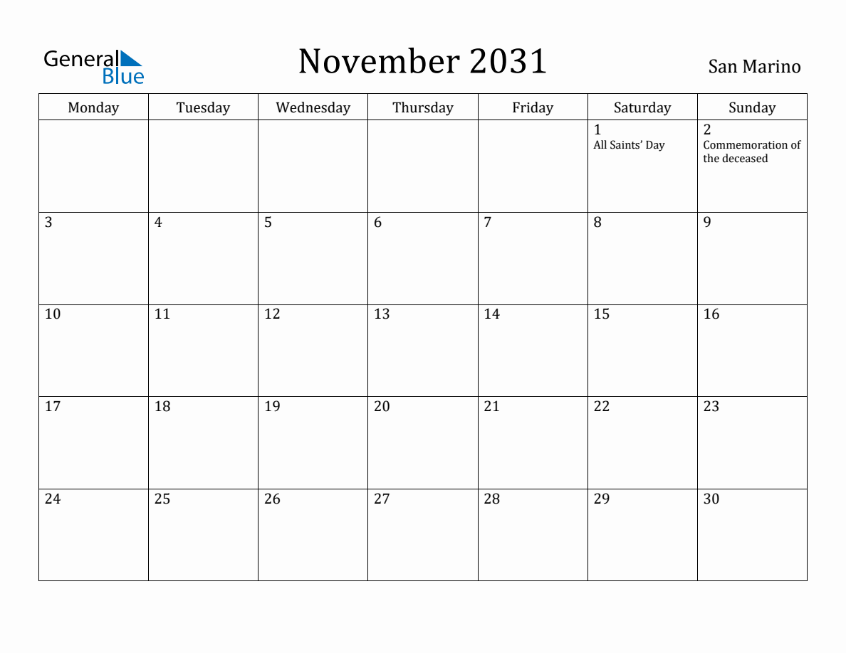 November 2031 Monthly Calendar with San Marino Holidays (Monday Start)