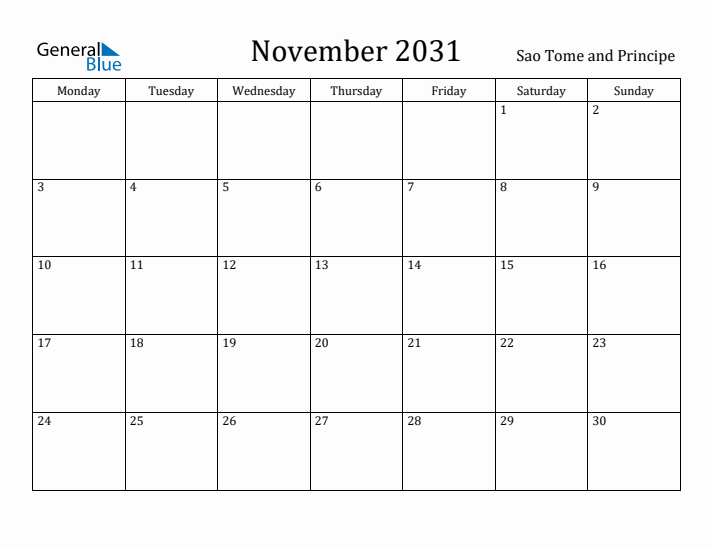 November 2031 Calendar Sao Tome and Principe