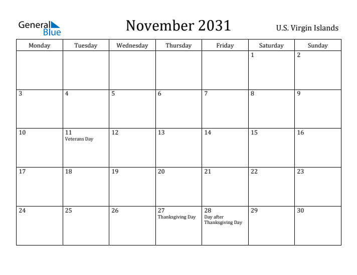 November 2031 Calendar U.S. Virgin Islands