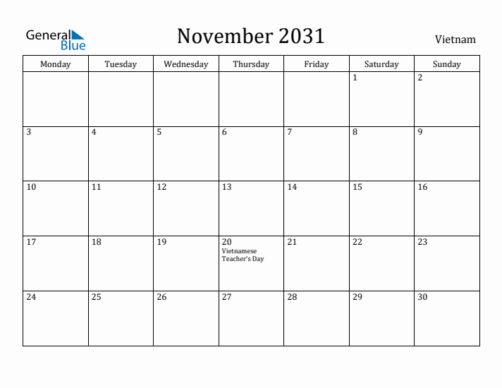 November 2031 Calendar Vietnam