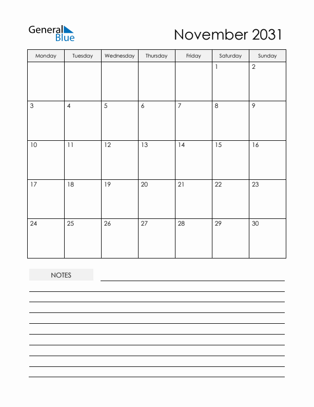 Printable Calendar with Notes - November 2031