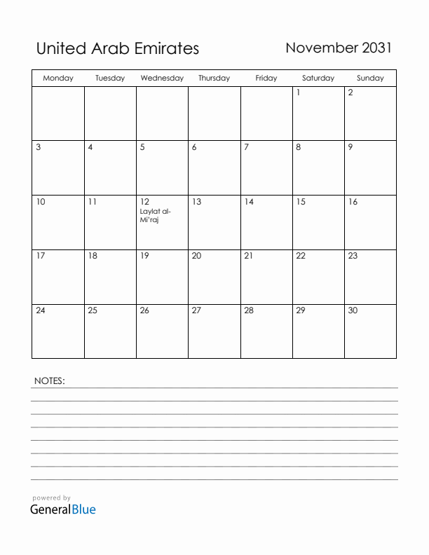 November 2031 United Arab Emirates Calendar with Holidays (Monday Start)