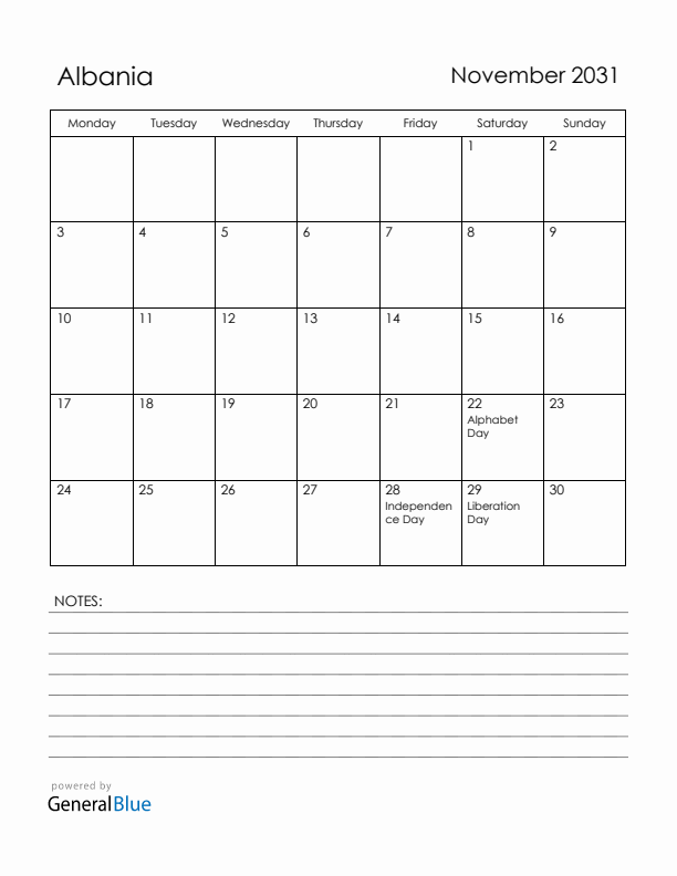 November 2031 Albania Calendar with Holidays (Monday Start)