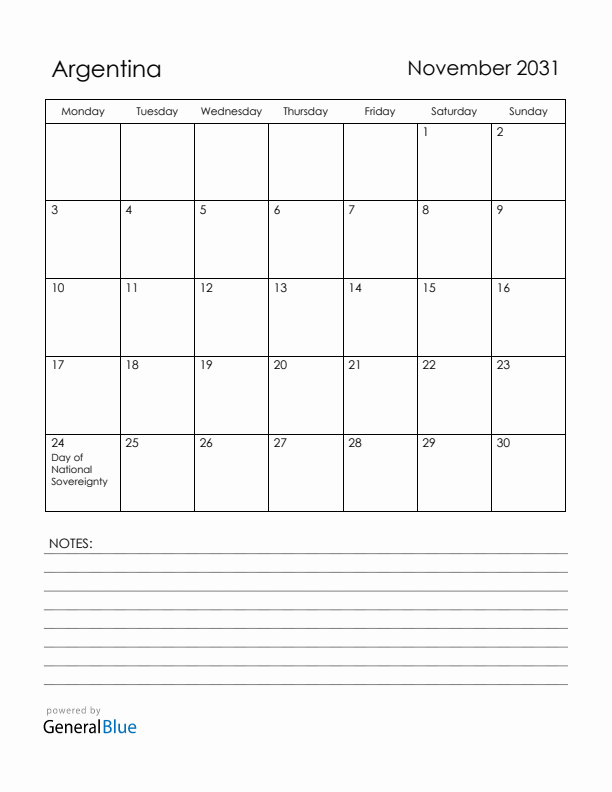 November 2031 Argentina Calendar with Holidays (Monday Start)