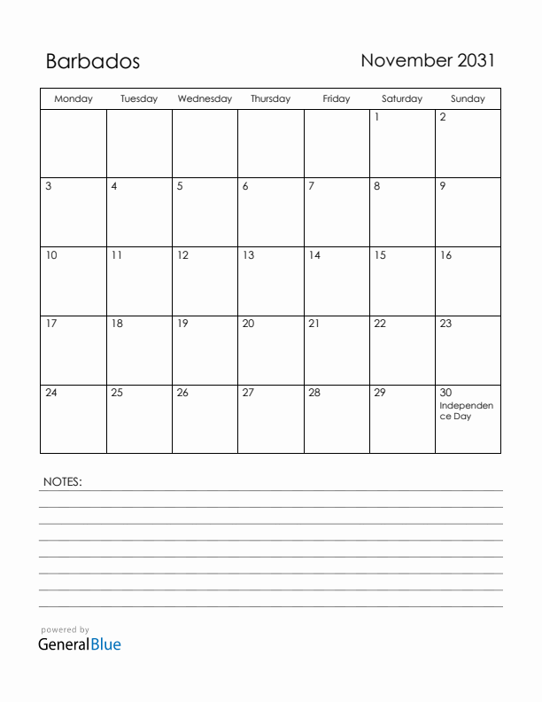 November 2031 Barbados Calendar with Holidays (Monday Start)