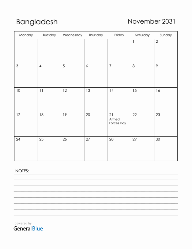 November 2031 Bangladesh Calendar with Holidays (Monday Start)