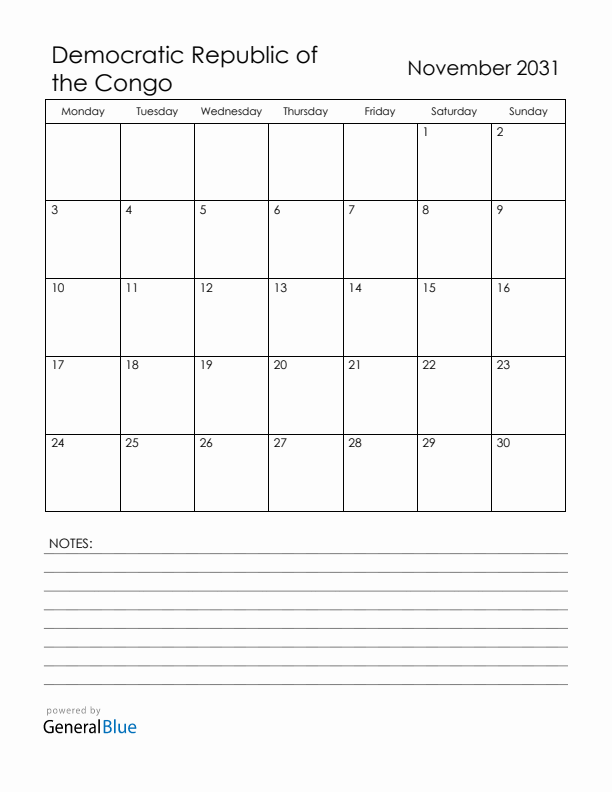 November 2031 Democratic Republic of the Congo Calendar with Holidays (Monday Start)