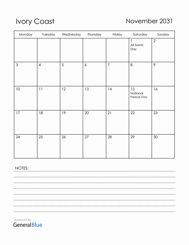 November 2031 Ivory Coast Calendar with Holidays (Monday Start)