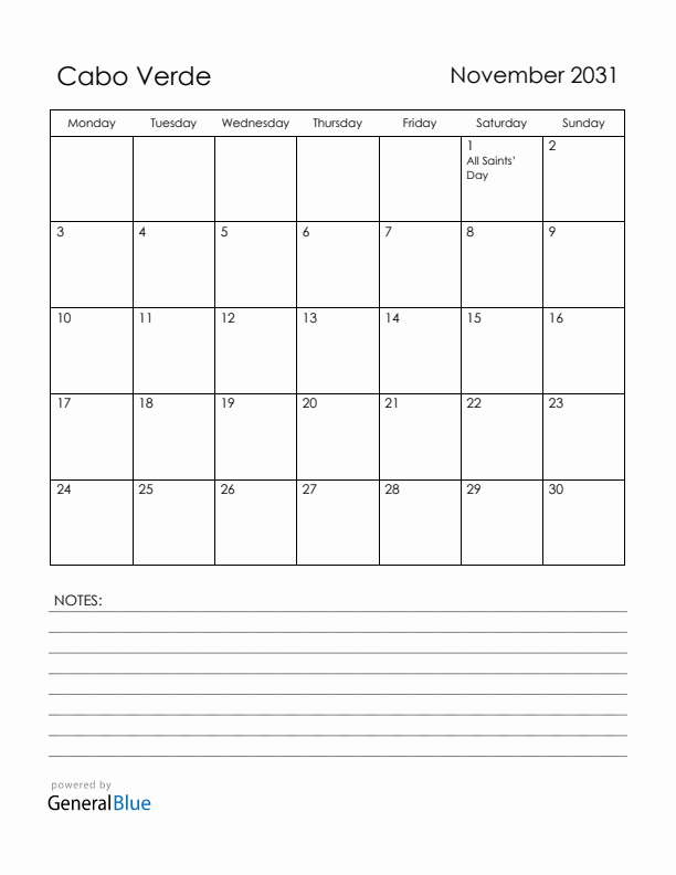 November 2031 Cabo Verde Calendar with Holidays (Monday Start)