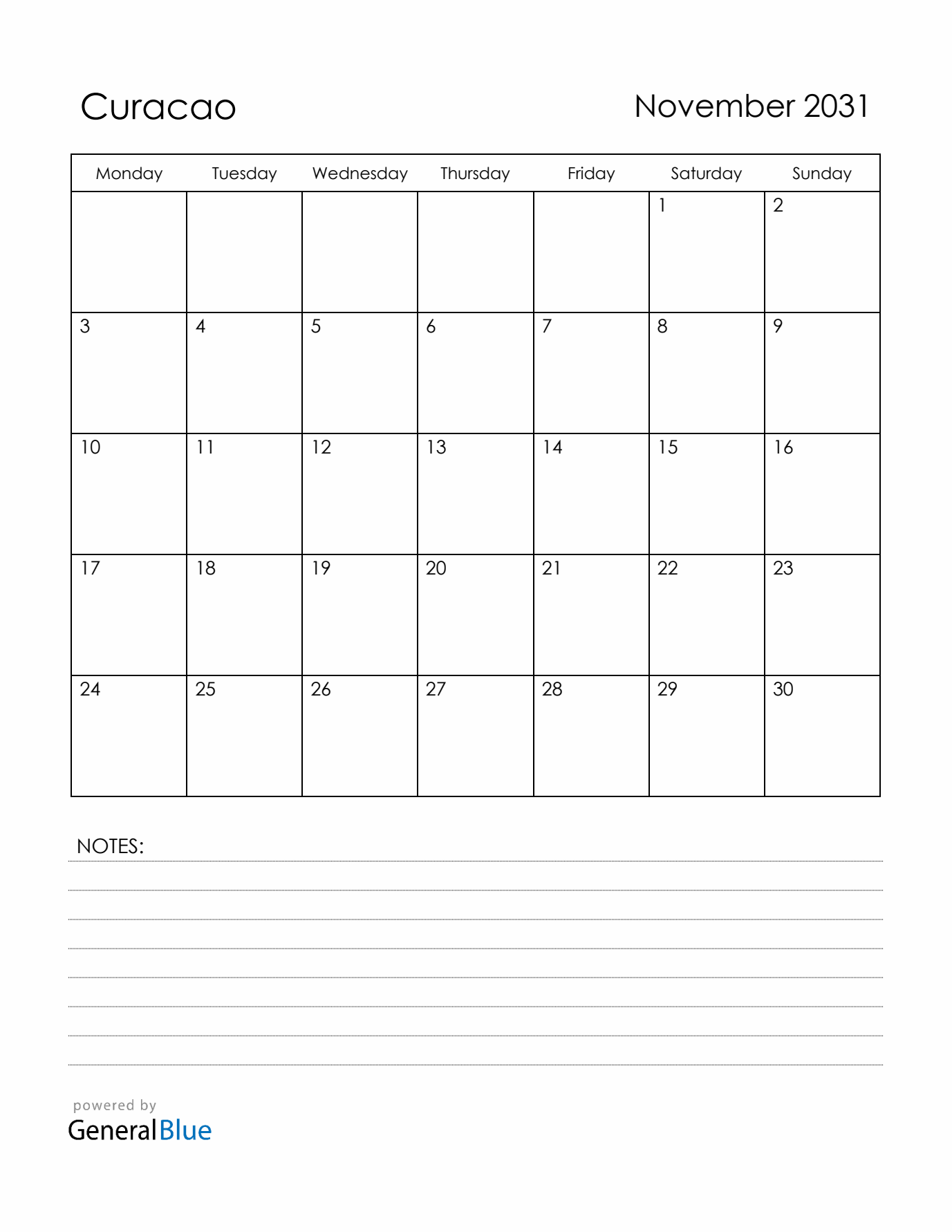 November 2031 Curacao Calendar with Holidays (Monday Start)