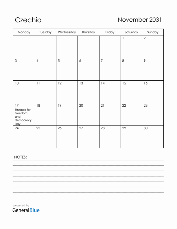 November 2031 Czechia Calendar with Holidays (Monday Start)