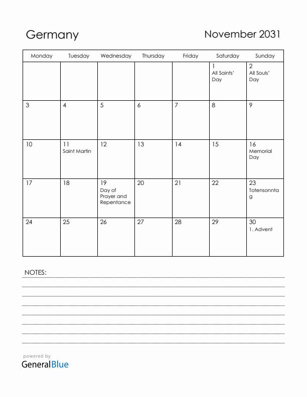 November 2031 Germany Calendar with Holidays (Monday Start)