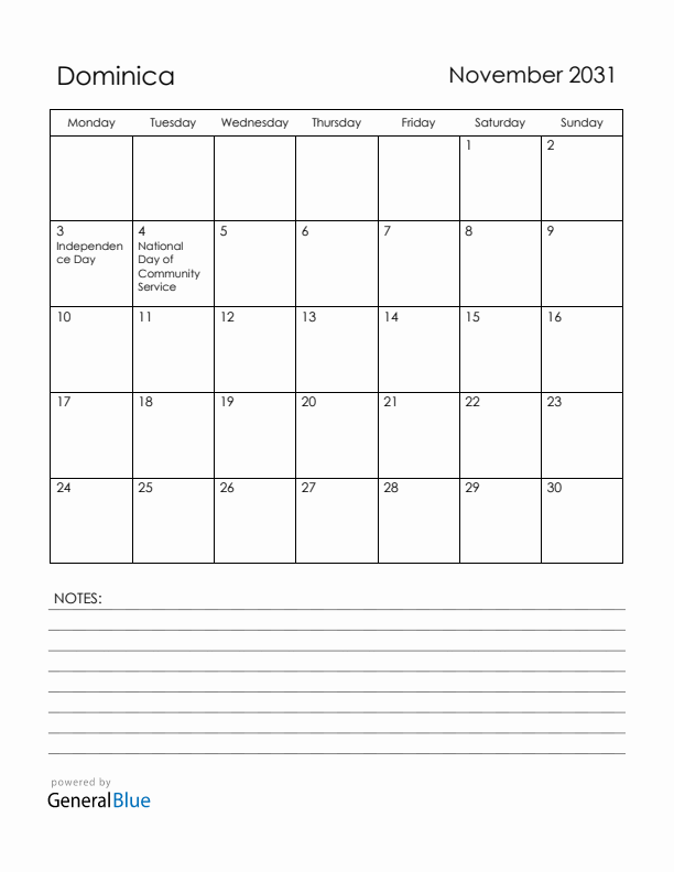 November 2031 Dominica Calendar with Holidays (Monday Start)