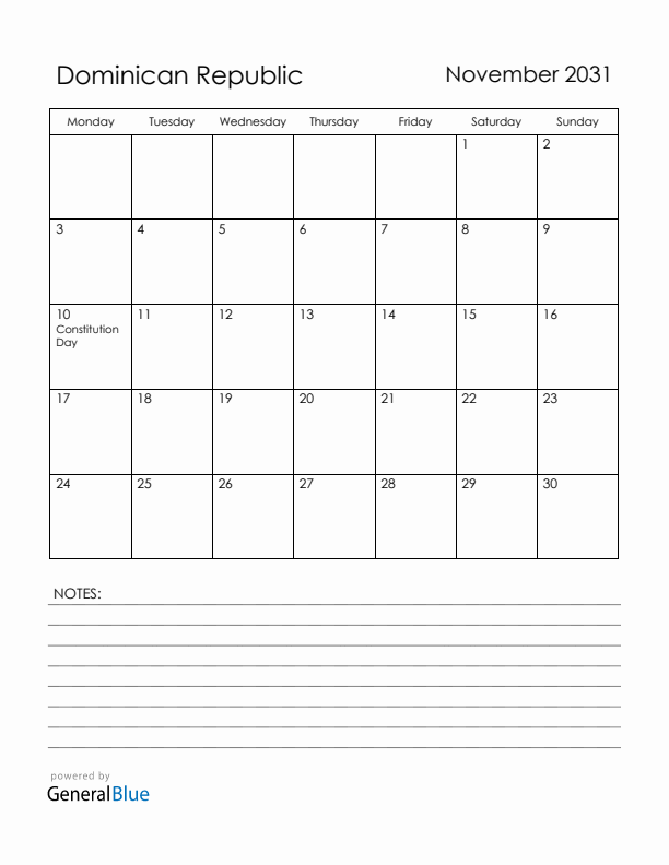 November 2031 Dominican Republic Calendar with Holidays (Monday Start)