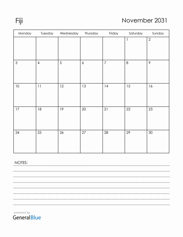 November 2031 Fiji Calendar with Holidays (Monday Start)