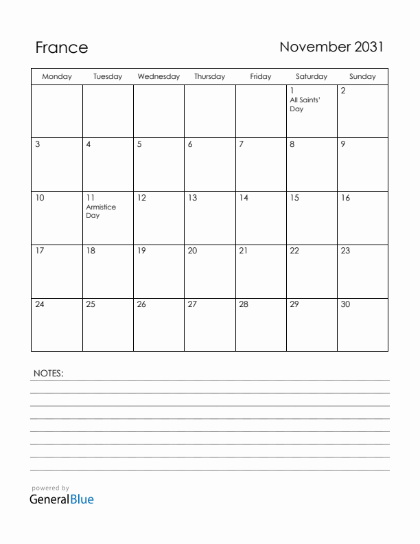 November 2031 France Calendar with Holidays (Monday Start)