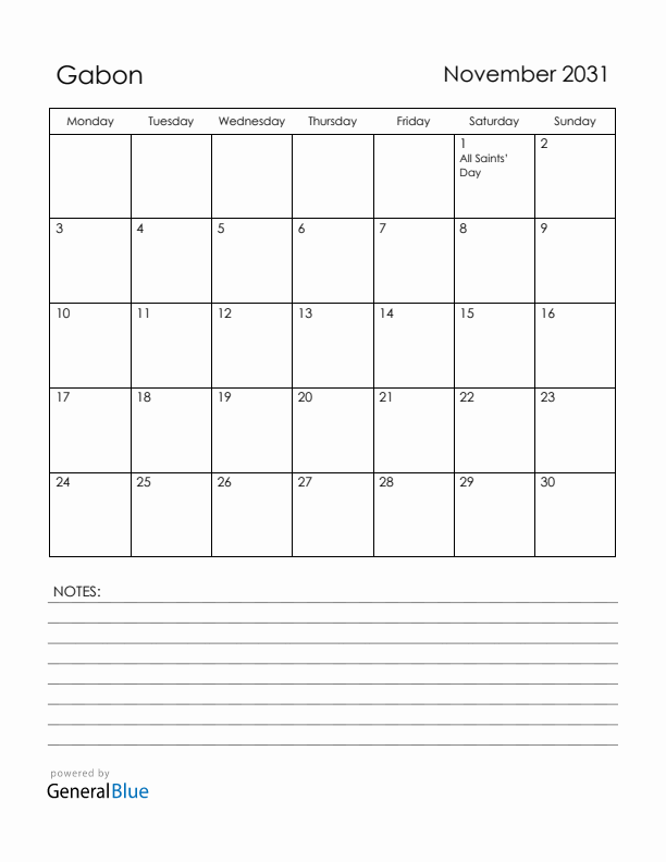 November 2031 Gabon Calendar with Holidays (Monday Start)