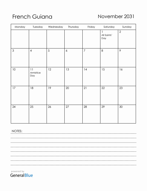 November 2031 French Guiana Calendar with Holidays (Monday Start)