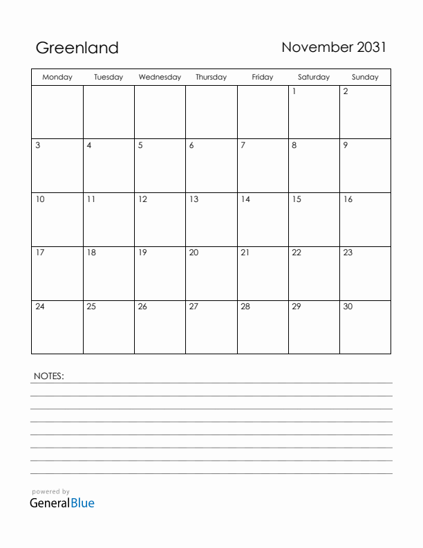 November 2031 Greenland Calendar with Holidays (Monday Start)