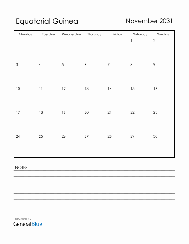 November 2031 Equatorial Guinea Calendar with Holidays (Monday Start)