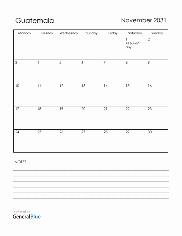 November 2031 Guatemala Calendar with Holidays (Monday Start)