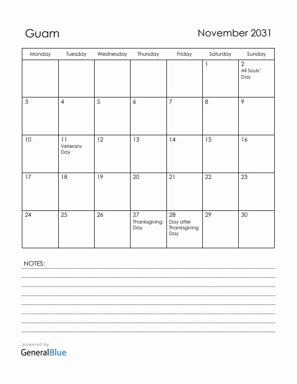 November 2031 Guam Calendar with Holidays (Monday Start)
