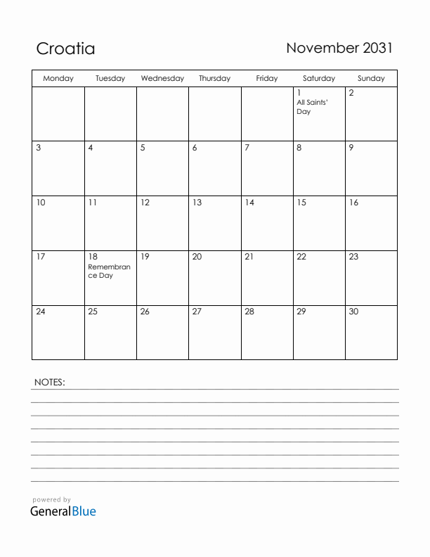 November 2031 Croatia Calendar with Holidays (Monday Start)
